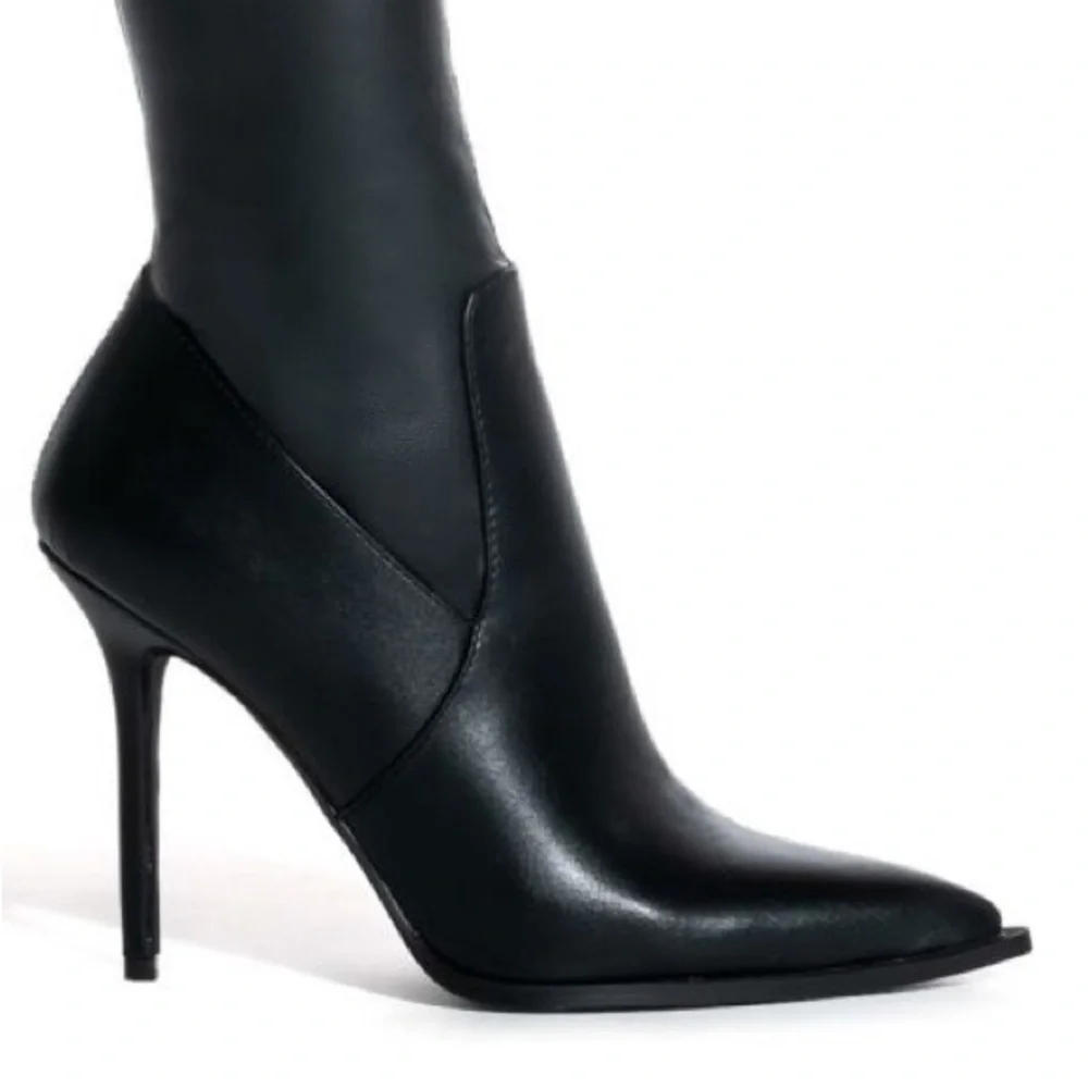Azalea Wang Black Vegan Leather 4 Way Stretch Thigh High Boots